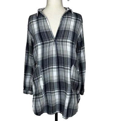 Top túnica CP Shades para mujer XS franela a cuadros negro blanco algodón bolsillos boho EE. UU. Foto 1 de 4