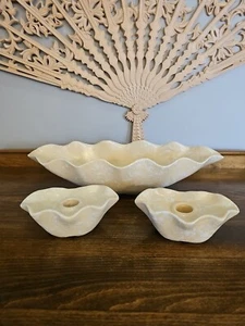 Vtg Shawnee Pottery Console Set Bowl Candle Holders Cream Splatter 2517 2518 - Picture 1 of 11