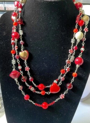 HANDMADE - Funky Triple Strand Reds Oranges and Naturals Wire Wrap Necklace - Image 1 of 4