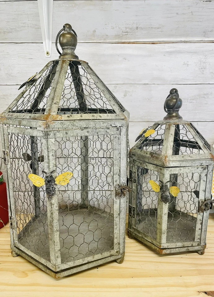 Rustic Metal Birdcages With Chicken Wire Set Of 2 NEW - Image 1 of 4