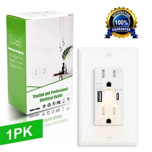 1PK LED Night Light Outlet with 24W USB C+A Fast Charging, 4.8A,Manual On/Off - Picture 1 of 12