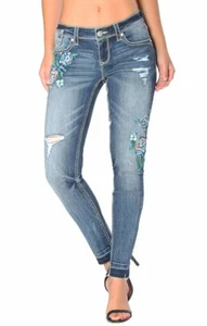 Grace in LA Women's Floral Distressed Embroidered Skinny Fit Stretch Jeans - Picture 1 of 27