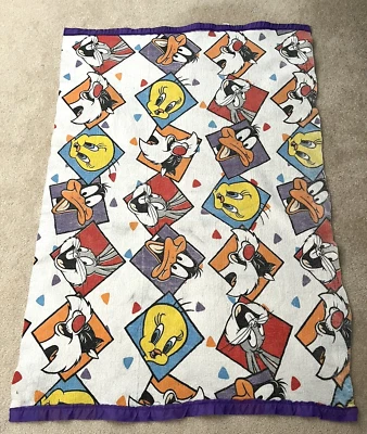 Looney Tunes Blue Baby Toddler Blanket Bugs Daffy Tweety Satin Edge Vintage - Image 1 of 4