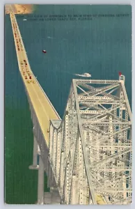 Postal de lino 1940 vista aérea del puente Sunshine Skyway cruzando Tampa Bay FL - Imagen 1 de 2