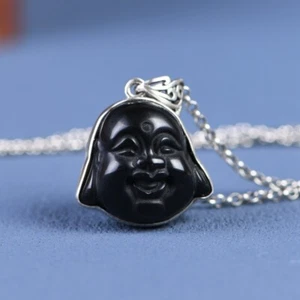 Colgante I05 Buda Maitreya F obsidiana negra plata de ley 925 - Imagen 1 de 6