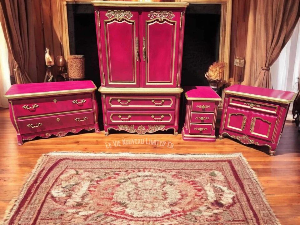 Vintage Hand Painted Gold Fuchsia French Provincial Armoire 4-Piece Set Custom - Image 1 of 4