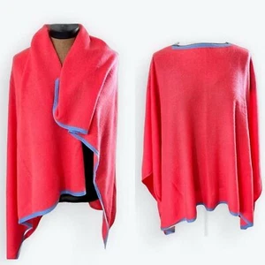 J McLaughlin 100% Cashmere Melon & Blue Trim Poncho Wrap soft versatile OS - Picture 1 of 6