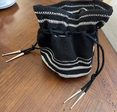 Vtg. Crocheted Purse 1930s Handmade From Kit Bag Wristlet Drawstring Black Silve - Image 1 of 4