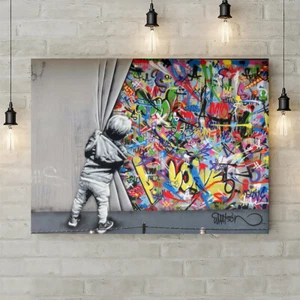 Banksy Style - Little Boy Pulls Curtain - Graffiti - Canvas Rolled Wall Art - Picture 1 of 5