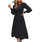 (Black Xl)Dress Long Sleeve Round Neck Layered Pleated Casual Swing Maxi Sg5