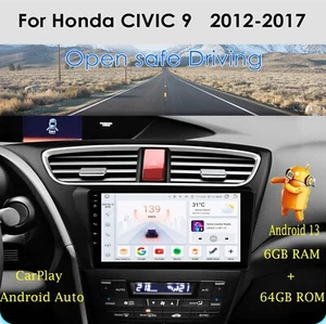 9" Für Honda Civic IX 2012-2017 Carplay Autoradio Android 13 GPS Navi WIFI 6+64G - Bild 1 von 24