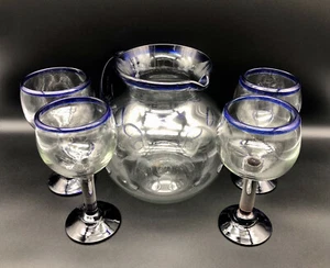 Vintage Mexican Hand Blown Large Margarita Glasses And Pitcher - Cobalt Blue - Picture 1 of 10