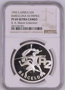 1992 SOUTH AFRICA SILVER PROOF BARECELONA OLYMPICS PF 69 ngc 2 RAND R2 001 - Picture 1 of 2
