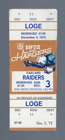1972 NFL OAKLAND RAIDERS @ SAN DIEGO CHARGERS FULL UNUSED FOOTBALL TICKET Cover