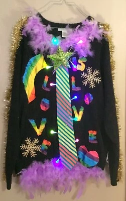 Suéter Feo Navidad Orgullo Gay LOVE IS LOVE Luces Mujer XL Hombre Grande Foto 1 de 4