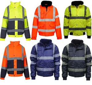 MENS LADIES HI VIZ VIS VISIBILITY WORK WATERPROOF PADDED HOODED JACKETS S TO 4XL - Picture 1 of 8