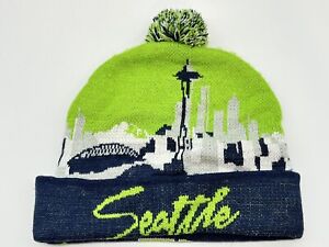 Seattle Seahawks 12th Man Knit Beanie Skull Cap Blue Neon Green with Pom Unisex