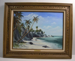 Vintage Tiki Oil Painting Palm Trees Pacific Island Beach Ocean Framed Signed - Picture 1 of 24