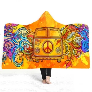 Rock Music Peace Love Fleece Hooded Blanket Sofa Throw Holiday Birthday Gift - Picture 1 of 17