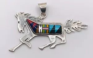 Sterling Silver Horse Pendant Stone Inlay Galloping Horse Jewelry 2.25" Animals - Picture 1 of 5