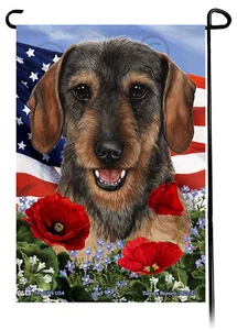 Patriotic Flowers Garden Flag - Wirehaired Wild Boar Dachshund - Picture 1 of 1