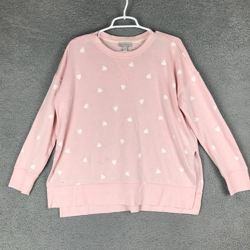 Lucky Brand Womens Long Sleeve Crew Neck Pink Heart Fleece Knit Sweatshirt XS - Image 1 of 4
