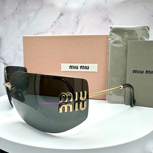 New MIU MIU Sunglasses Gold Rimless Wrap Square Oversized MIU MIU Logo Italy - Picture 1 of 22