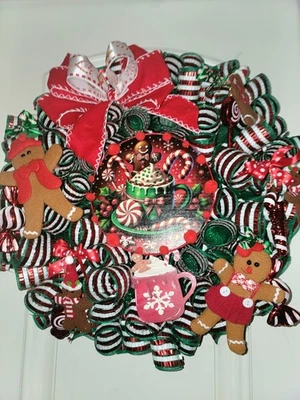 Christmas Wreath Deco Mesh GINGERBREAD MEN HOT COCOA HANDMADE - image 1 of 4