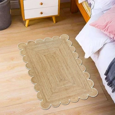 Джутовый небольшой ковер - плетеный прямоугольный зубчатый ковер с несколькими каймами в натуральном стиле... - Изображение 1 из 4