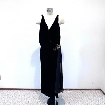 Vestido Tracy Reese Vintage Y2K Terciopelo Negro Faja Adorno Floral Talla 8 Foto 1 de 4