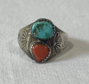 Antique Navajo Ring Coin Silver Turquoise Coral Size 9.5 Sun Stamp Old Pawn - Picture 1 of 5
