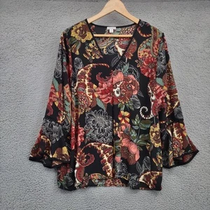 Spense Top Womens XL Black Floral V-neck Bell Sleeve Front Pleated Boho Flowy - Picture 1 of 13