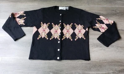 VTG Portraits Northern Isles Sz M Black Hand Embroidered Button Cardigan Sweater - Image 1 of 4