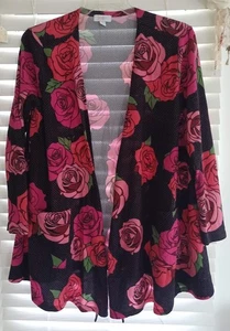 LuLaRoe Women’s Large Cardigan Black Pink Rose Floral Open Front Lightweight - Picture 1 of 9