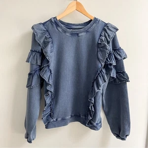 Tularosa 100% Baumwolle Frottee Katze Rüschen Pullover Rundhals Sweatshirt Blau XS - Bild 1 von 5