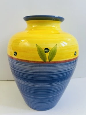 Faria & Bento Portugal Vase – Hand Painted Yellow & Blue Ceramic Pottery – 10.5” - Image 1 of 4