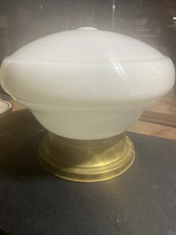 Vtg Antique 1920s Art Deco Flush Mount RARE SQUAT Milk Glass Light Fixture Brass Cover