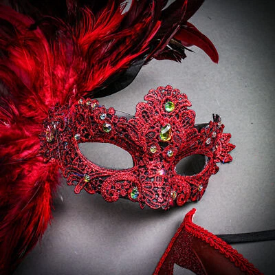 RED Venetian Women Feather Party Mask Masquerade & Phantom Men Eye Mask Couple - Image 1 of 3