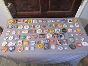 80 Vtg Pin Buttons Lot Pins SPORTS POLITICS MARATHON MOVIES AND MORE!! - Picture 1 of 19