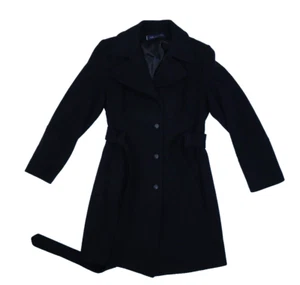 Anne Klein Black Wool Blend Button Front Belted Overcoat Peacoat Womens M - Picture 1 of 9