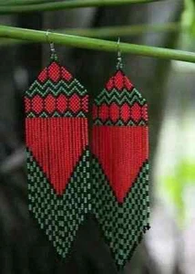 Tribal Earrings Native Large Boho American Seed Beads Handmade Earring - Picture 1 of 2