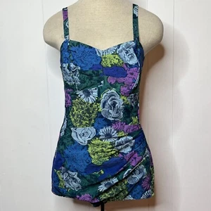 Vintage Pin Up Floral Swimsuit Romper Size Medium Pleated Bodice Tummy Metal Zip - Picture 1 of 8