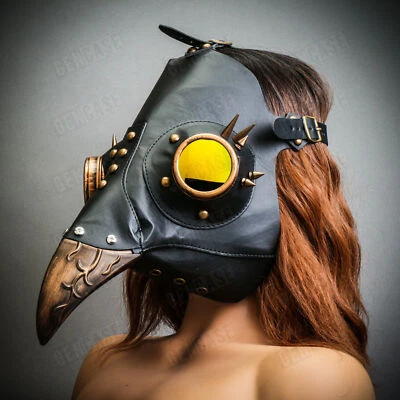 BLACK Faux Leather Spike Plague Doctor Masquerade Gold Curve Bird Nose Face Mask - Image 1 of 4