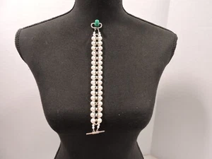 Silver Tone Double Row Faux Pearl Bracelet 7.5" Toggle Clasp - Picture 1 of 6