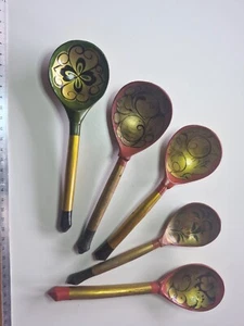 Vintage khokhlomo hand painted wood Russian spoons - lot of 5 spoons (2) - Picture 1 of 2