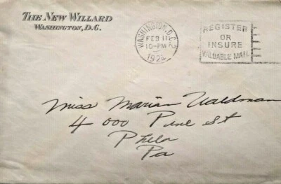 Washington DC Postal Cover THE NEW WILLARD HOTEL 1924 - Image 1 of 4