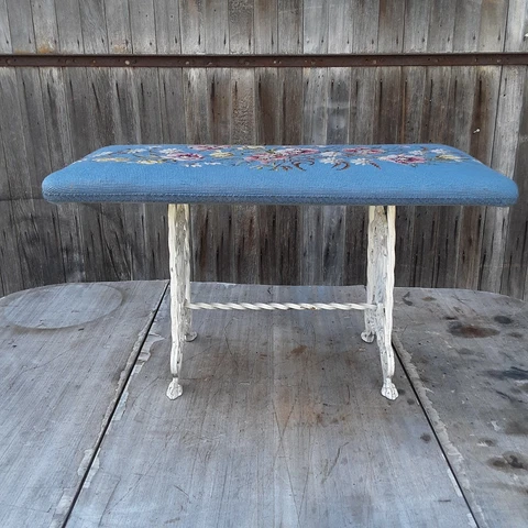 Antique Iron Bench with Needlepoint Cover