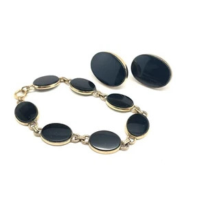 Vintage 50s 12k Gold Filled Onyx WRE Bracelet and Earring Set Mid Century Signed - Picture 1 of 8