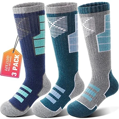  Calcetines de esquí de lana merino para niños 3 pares niñas 8-12 años gris/azul oscuro/verde C Foto 1 de 4