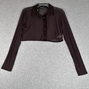 PRETTY LITTLE THINGS Women's Sheer Mesh Long Sleeve Buttondown Top Brown Size 12 - Picture 1 of 11